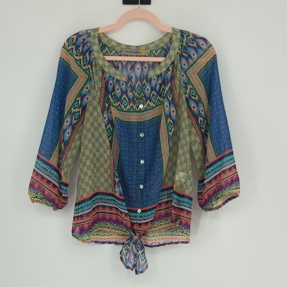 00640 Figueria & Flower Mixed Print Blouse Top Green Size PL bohemian summer - Picture 1 of 9
